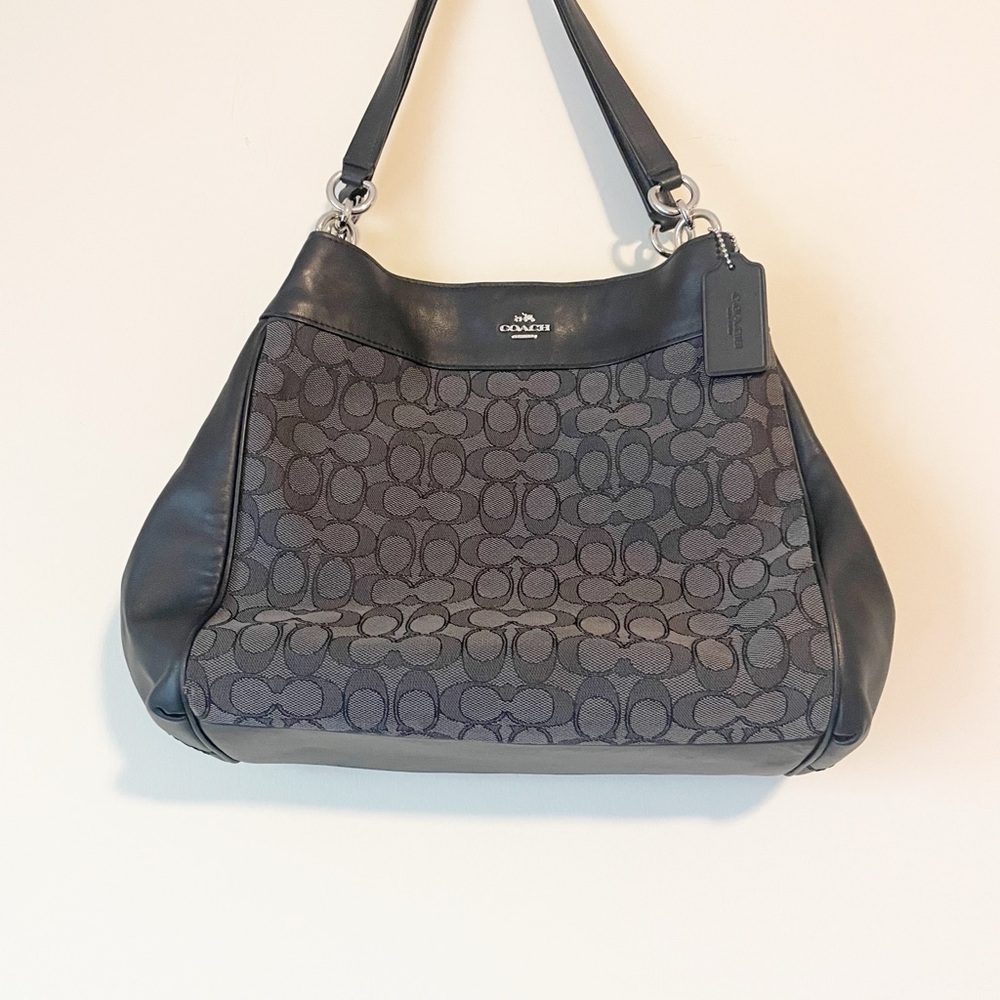 Coach Black and Gray Signature C Logo Canvas Leather Shoulder Purse